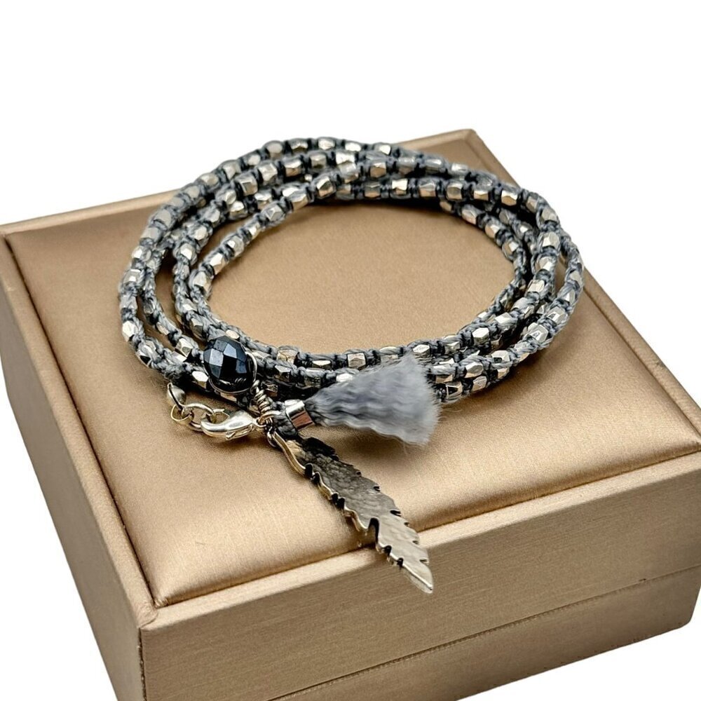 NWT Silver Beaded Braided Multi Wrap Feather Charm Bracelet
